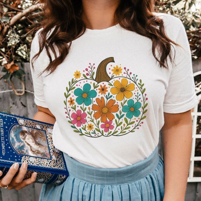 Fall Flower Hand Sketch Harvest Pumpkin - Soft Longer Length Bella Canvas Tee