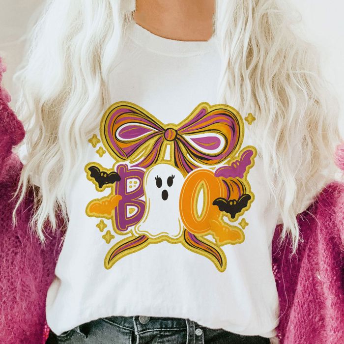 Cute Faux Sparkle Boo Bow - T-Shirt (Crewneck)  100 Cotton Solid Colors Jersey Tee (Unisex)  Bella Canvas, T-Shirt (Crewneck)  Poly-Cotton Heathered Colors Jerse