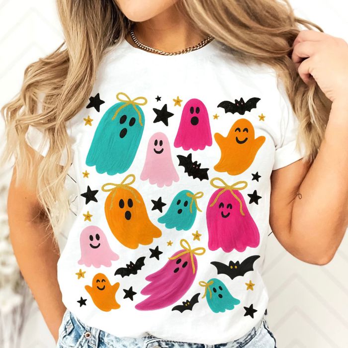 Colorful Painted Ghost and Bat Collage - Soft Longer Length Bella Canvas