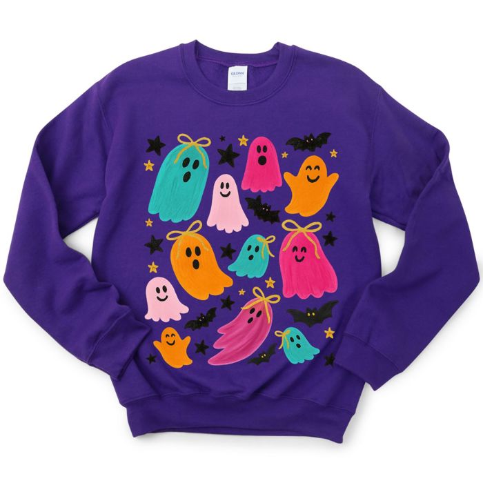 Colorful Painted Ghost and Bat Collage - Drop Shoulder Comfy Sweatshirt