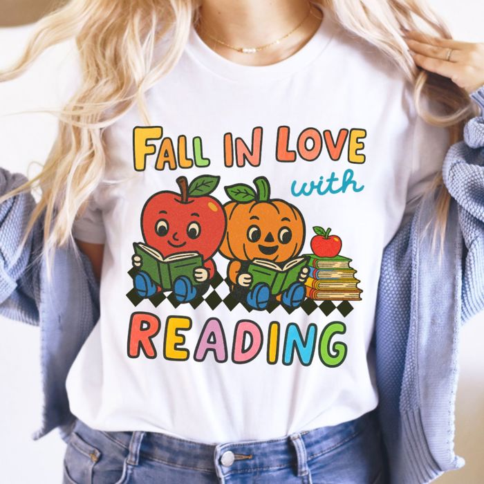 Fall In Love With Reading Vintage Retro Fall Halloween School Teacher - Soft Longer Length Bella Canvas Tee