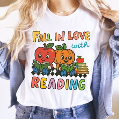 Fall In Love With Reading Vintage Retro Fall Halloween School Teacher - Soft Longer Length Bella Canvas Tee