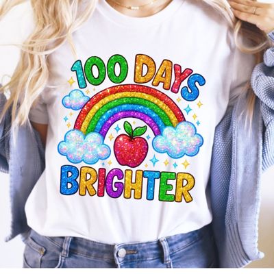 Get Ready For School  100 Days Brighter Rainbow Apple Faux Glitter - Softer Longer Length Bella Canvas Tee