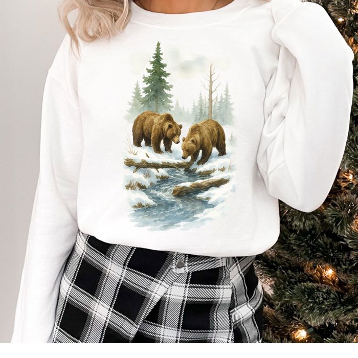 Two Grizzly Bears Winter WaterColor Designs - Comfy Drop Shoulder Sweatshirt
