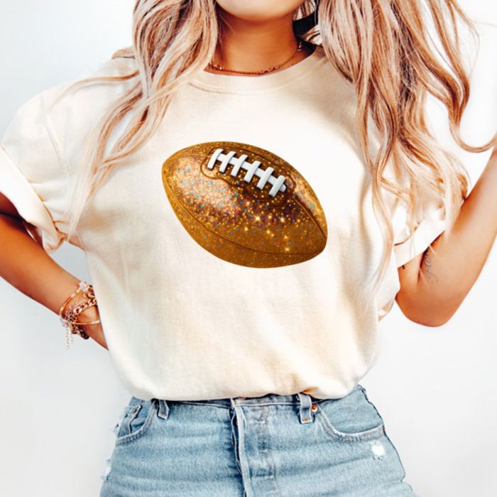 Faux Glitter Football Fall Sports - Soft Comfy Longer Length Bella Canvas Tee