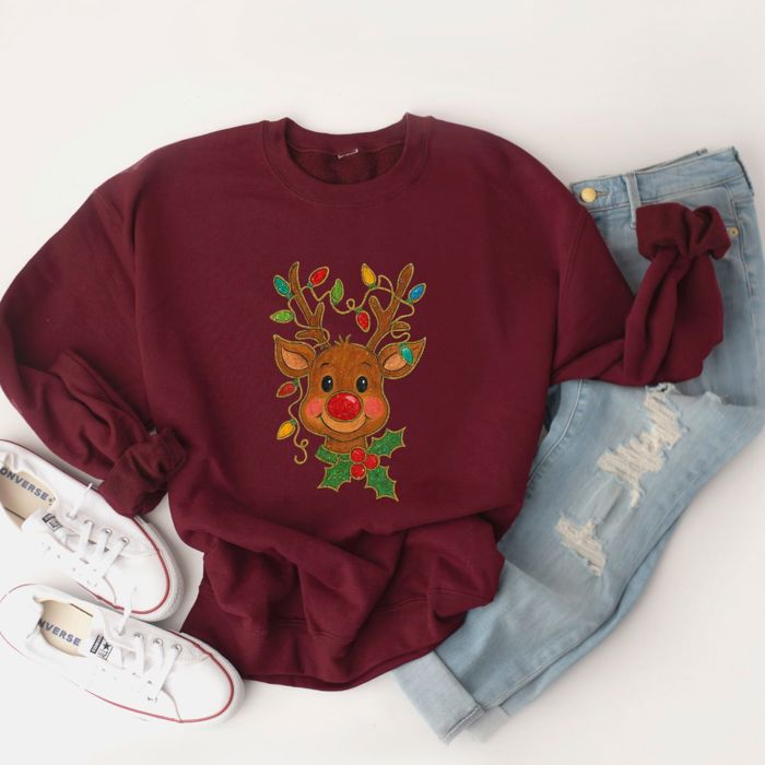 Vintage Rudolph The Red-Nosed Reindeer Faux Sparkly With Christmas Lights - Comfy Drop Shoulder Sweatshirt