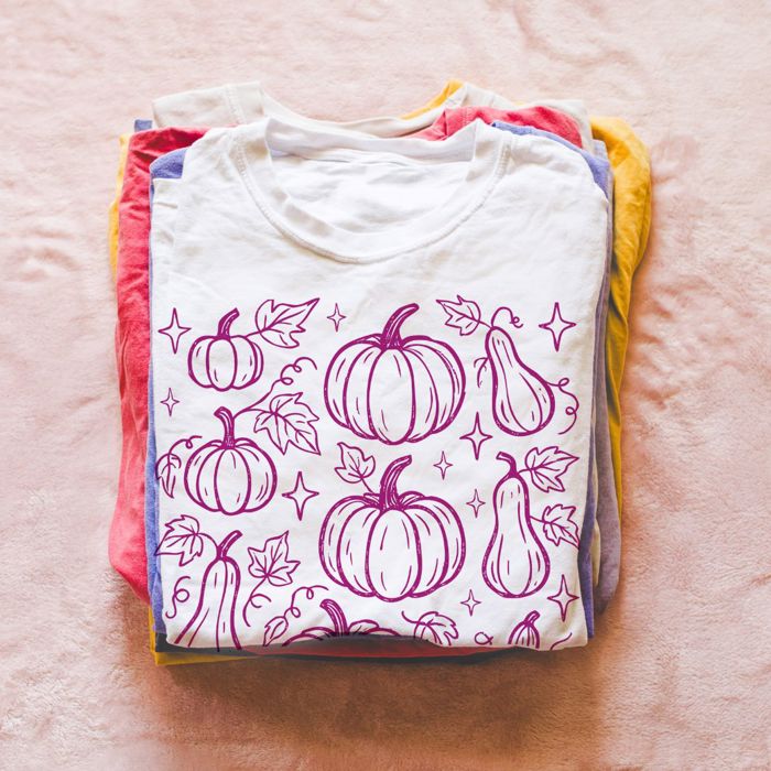 Pink Fall Squash Collage Halloween Autumn Sketch - Soft Long Length Bella Canvas Tee