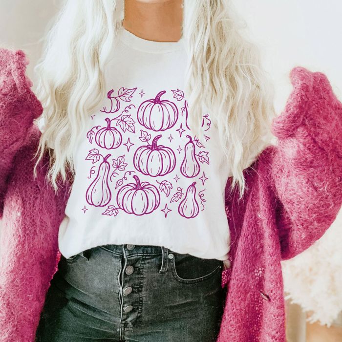 Pink Fall Squash Collage Halloween Autumn Sketch - Soft Long Length Bella Canvas Tee