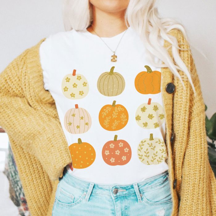 Faux Glitter Pumpkins In A Grid For Fall - T-Shirt (Crewneck)  100 Cotton Solid Colors Jersey Tee (Unisex)  Bella Canvas