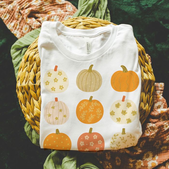 Faux Glitter Pumpkins In A Grid For Fall - T-Shirt (Crewneck)  100 Cotton Solid Colors Jersey Tee (Unisex)  Bella Canvas