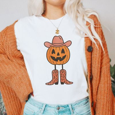 Howdy Pumpkin Wester Cowboy Style Jack-O-Lantern Pink Style - Soft Longer Length Tee