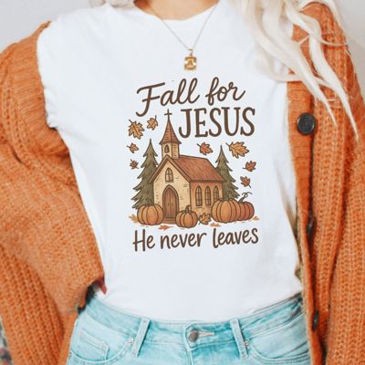 Fall For Jesus He Never Leaves Fall Autumn - T-Shirt (Crewneck)  100 Cotton Solid Colors Jersey Tee (Unisex)  Bella Canvas, T-Shirt (Crewneck)  Poly-Cotton 