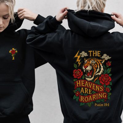 The Heavens Are Roaring FAUX Embroidery Tiger Bible Verse - Comfy Faith Inspired Drop Shoulder Hoodie