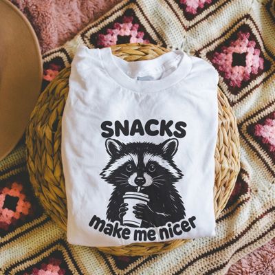 Snacks Make Me Nicer - Funny Coffee Latte Raccoon - Soft Longer Length Bella Canvas