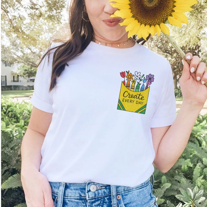 Create Everyday Color Crayons Reading Learning School Teacher Art - T-Shirt (Crewneck)  100 Cotton Solid Colors Jersey Tee (Unisex)  Bella Canvas, T-Shirt (