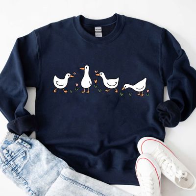 Cute Geese In A Row With Flowers - Soft Drop Shoulder Sweatshirt
