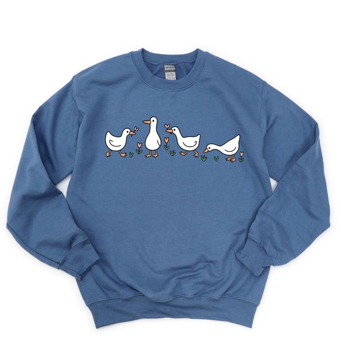Cute Geese In A Row With Flowers - Soft Drop Shoulder Sweatshirt