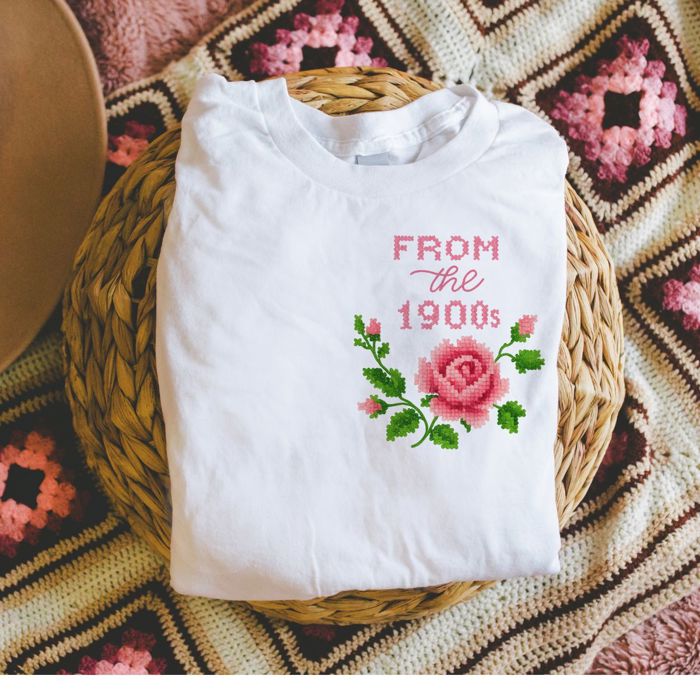 From The 1990s Cross Stiched Rose Vintage FAUX Embroidery - Soft Longer Length Bella Canvas Tee