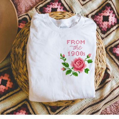 From The 1990s Cross Stiched Rose Vintage FAUX Embroidery - Soft Longer Length Bella Canvas Tee