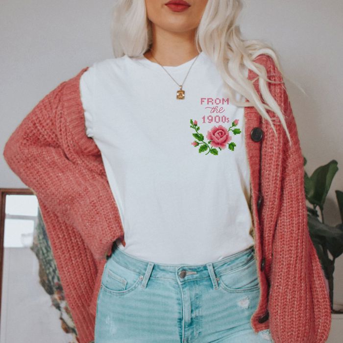 From The 1990s Cross Stiched Rose Vintage FAUX Embroidery - Soft Longer Length Bella Canvas Tee