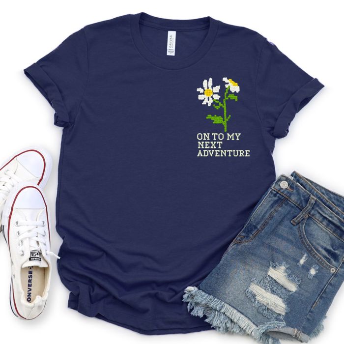 Onto My Next Adventure FAUX Embroidered Daisies - Soft Longer Length Bella Canvas Tee