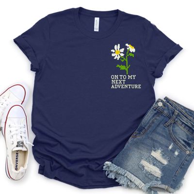 Onto My Next Adventure FAUX Embroidered Daisies - Soft Longer Length Bella Canvas Tee