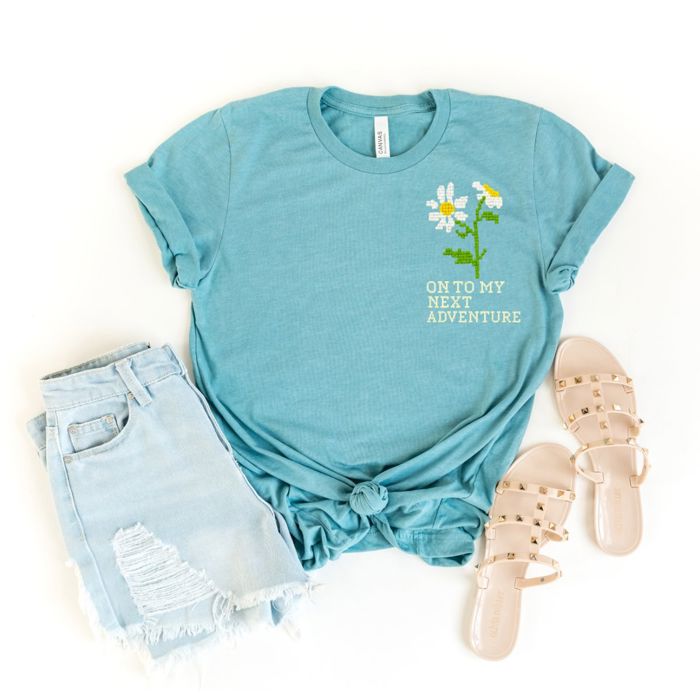 Onto My Next Adventure FAUX Embroidered Daisies - Soft Longer Length Bella Canvas Tee