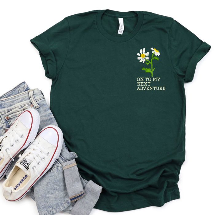Onto My Next Adventure FAUX Embroidered Daisies - Soft Longer Length Bella Canvas Tee