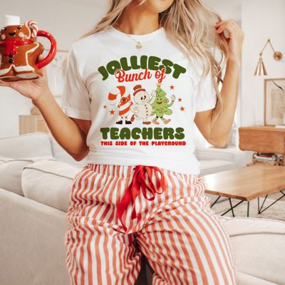 Jolliest Bunch Of Teachers This Side Of The Playground Christmas School - Softest Longer Length Bella Canvas Tee