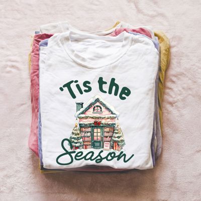 Tis The Season Snowy Cozy Christmas Bookshop - Soft Longer Length Graphic Tee Bella Canvas