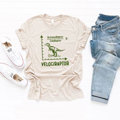 Velocipaptor DistanceRaptor TimeRaptor Funny Dinosaur Math Puns - Soft Longer Length Bella Canvas Tee T-Shirt