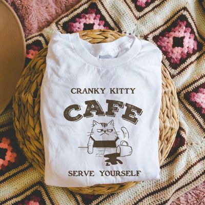 Cranky Kitty Cafe Serve Yourself American Diner Funny Sarcastic - Soft Longer Length Bella Canvas Tee