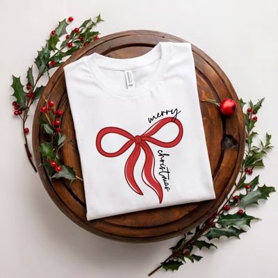 Merry Christmas Red Ribbon Bow Happy Holidays - Soft Longer Length Bella Canvas Tee