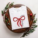  Merry Christmas Red Ribbon Bow Happy Holidays - Soft Longer Length Bella Canvas Tee