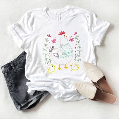Faux Embroidered Chicken Chicks Vintage Style Crossstitch - Soft Longer Length Bella Canvas Tee