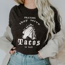  Praying They Serve Tacos In Hell Funny Foodie Lover - T-Shirt (Crewneck)  100 Cotton Solid Colors Jersey Tee (Unisex)  Bella Canvas, T-Shirt (Crewneck)  Pol