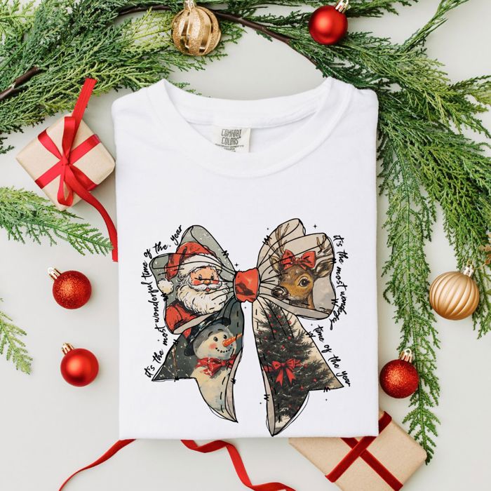Jolly Christmas Santa Claus Bow With Rudolph and Frosty - Soft Longer Length Bella Canvas Tee