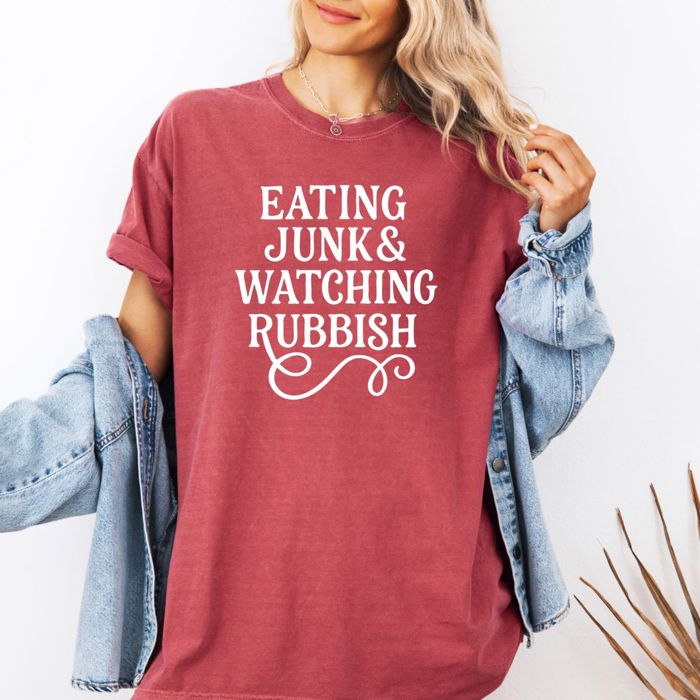 Eating Junk And Watching Rubbish Funny  - T-Shirt Soft Wash Cotton Heavyweight Tee (Unisex)  Comfort Colors
