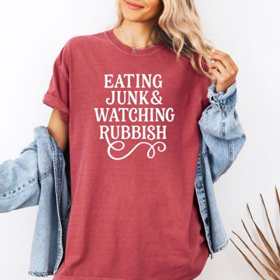 Eating Junk And Watching Rubbish Funny  - T-Shirt Soft Wash Cotton Heavyweight Tee (Unisex)  Comfort Colors