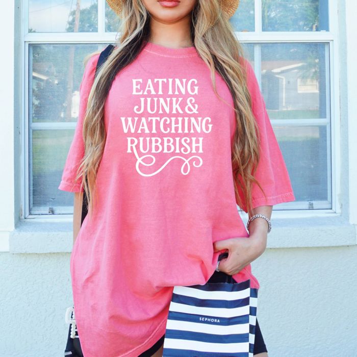 Eating Junk And Watching Rubbish Funny  - T-Shirt Soft Wash Cotton Heavyweight Tee (Unisex)  Comfort Colors