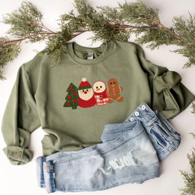 Faux Felted Quilted Adorable Christmas Characters For The Holidays - Sweatshirt (Crewneck)  Poly-Cotton Colors (Unisex)  Gildan