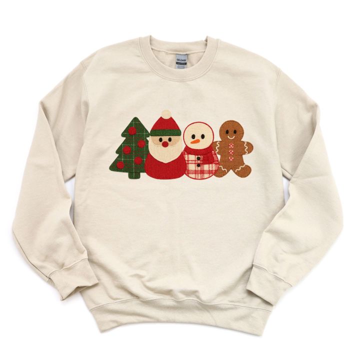 Faux Felted Quilted Adorable Christmas Characters For The Holidays - Sweatshirt (Crewneck)  Poly-Cotton Colors (Unisex)  Gildan