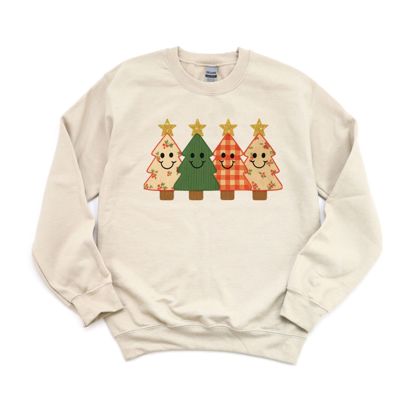 Faux Quilted Christmas Trees With Stars - Comfy Drop Shoulder Sweatshirt