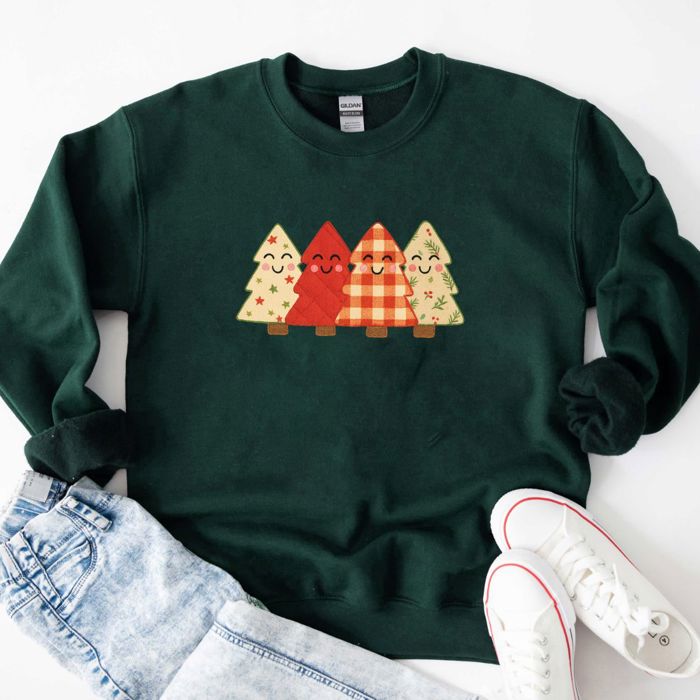 Faux Quilted Happy Little Christmas Trees For Holidays and Winter - Comfy Drop Shoulder Sweatshirt