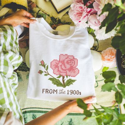 Faux Cross Stitched I'm From The 1900s Cross Stitched Pattern of a Vintage Rose - Drop Shoulder Comfy Sweatshirt