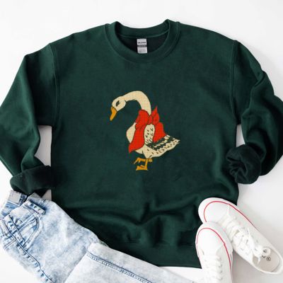 Faux Cross Stitched Christmas Goose With Red Ribbon - Comfy Drop Shoulder Sweatshirt