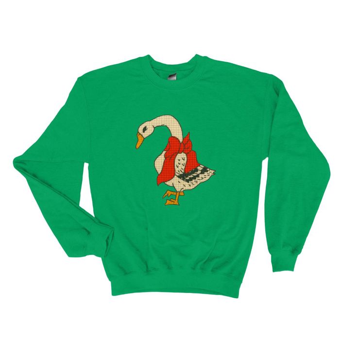 Faux Cross Stitched Christmas Goose With Red Ribbon - Comfy Drop Shoulder Sweatshirt