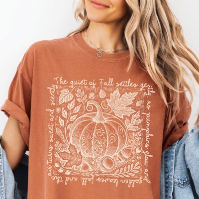The Quiet Of Fall Linocut Pumpkin Print  - T-Shirt Soft Washed Cotton Heavyweight Tee (Unisex)  Comfort Colors