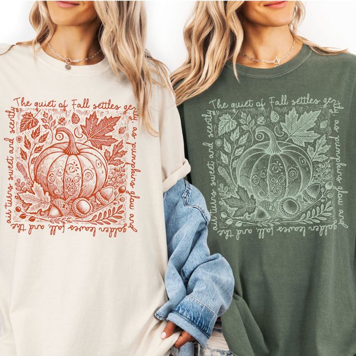 The Quiet Of Fall Linocut Pumpkin Print  - T-Shirt Soft Washed Cotton Heavyweight Tee (Unisex)  Comfort Colors
