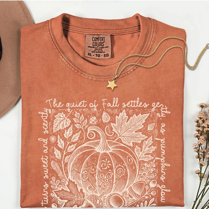 The Quiet Of Fall Linocut Pumpkin Print  - T-Shirt Soft Washed Cotton Heavyweight Tee (Unisex)  Comfort Colors